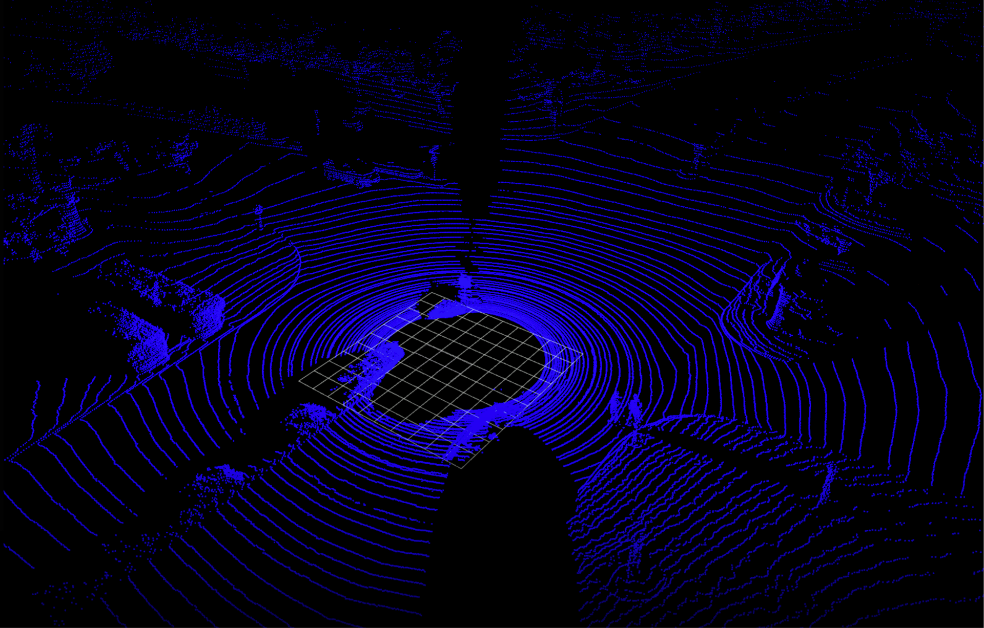 LiDAR sensor output. The blue indicates the detected, close-together points and the grid in the center is the space that the self-driving car occupies in the scene.